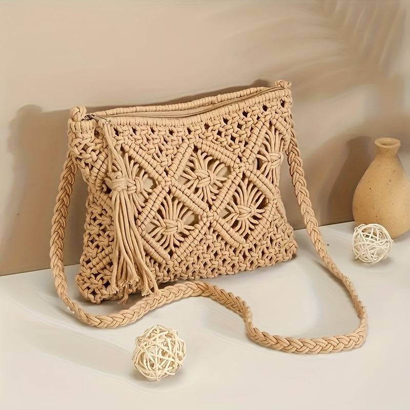 Handmade Bohemian Woven Rope Handbag - Summer Beach Clutch With Geometric Design And Tassel Details, Lightweight And Fashionable, Suitable For Beach Vacations And Seaside Trips.