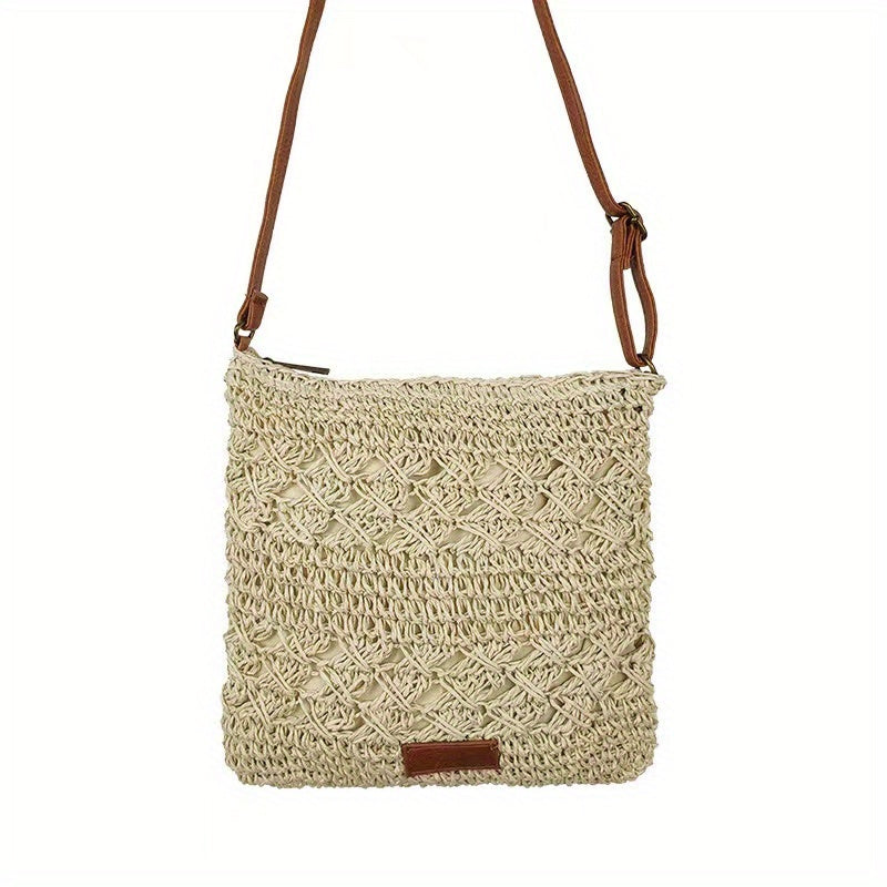 Fashionable Handmade Paper Grass Rope Crossbody Bag - Monochrome, Zipper Closure, Polyester Filling, Accessory Messenger Bag, Suitable for Summer Beaches And Urban Activities