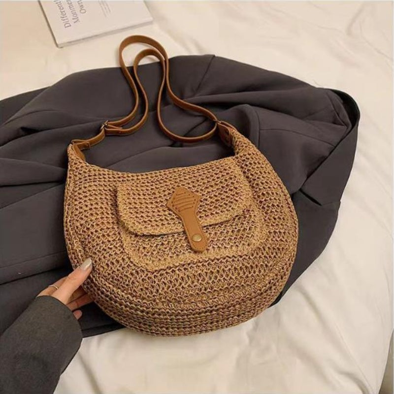 Summer Beach Woven Crossbody Bag Straw Weaving Shoulder Bag Raffia Zipper Handbag Boho Rattan Hand-Woven Travel Satchel Bag