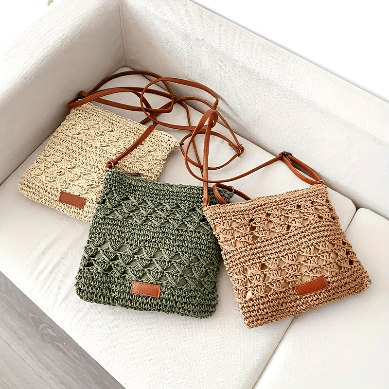 Fashionable Handmade Paper Grass Rope Crossbody Bag - Monochrome, Zipper Closure, Polyester Filling, Accessory Messenger Bag, Suitable for Summer Beaches And Urban Activities