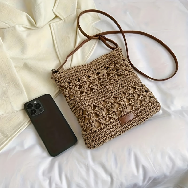 Fashionable Handmade Paper Grass Rope Crossbody Bag - Monochrome, Zipper Closure, Polyester Filling, Accessory Messenger Bag, Suitable for Summer Beaches And Urban Activities