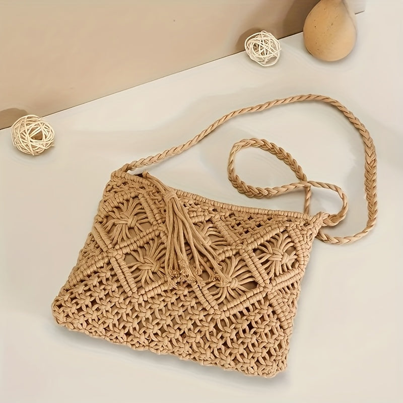 Handmade Bohemian Woven Rope Handbag - Summer Beach Clutch With Geometric Design And Tassel Details, Lightweight And Fashionable, Suitable For Beach Vacations And Seaside Trips.