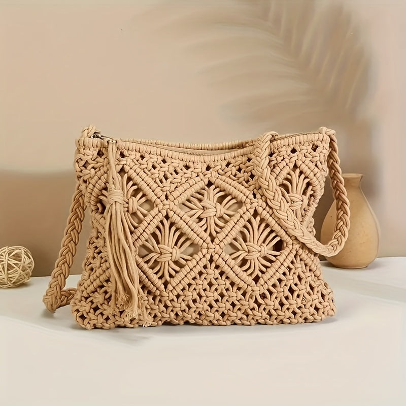 Handmade Bohemian Woven Rope Handbag - Summer Beach Clutch With Geometric Design And Tassel Details, Lightweight And Fashionable, Suitable For Beach Vacations And Seaside Trips.