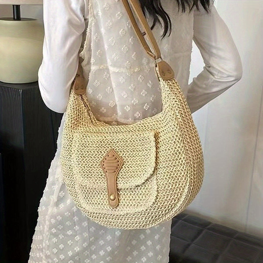 1pc Hand-Woven Crossbody Bagfor Women, Fashionable Woven Bag Underarm Diagonal Straw Bag