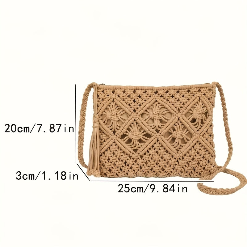 Handmade Bohemian Woven Rope Handbag - Summer Beach Clutch With Geometric Design And Tassel Details, Lightweight And Fashionable, Suitable For Beach Vacations And Seaside Trips.