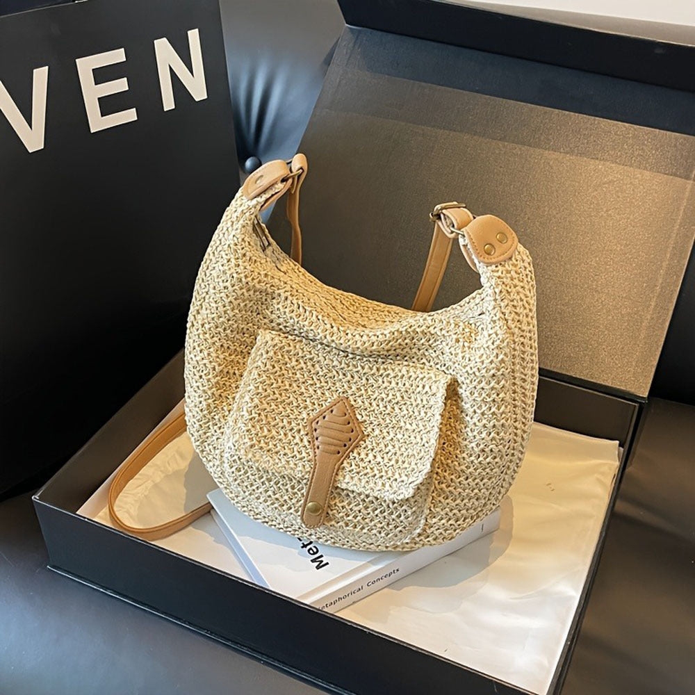 1pc Hand-Woven Crossbody Bagfor Women, Fashionable Woven Bag Underarm Diagonal Straw Bag