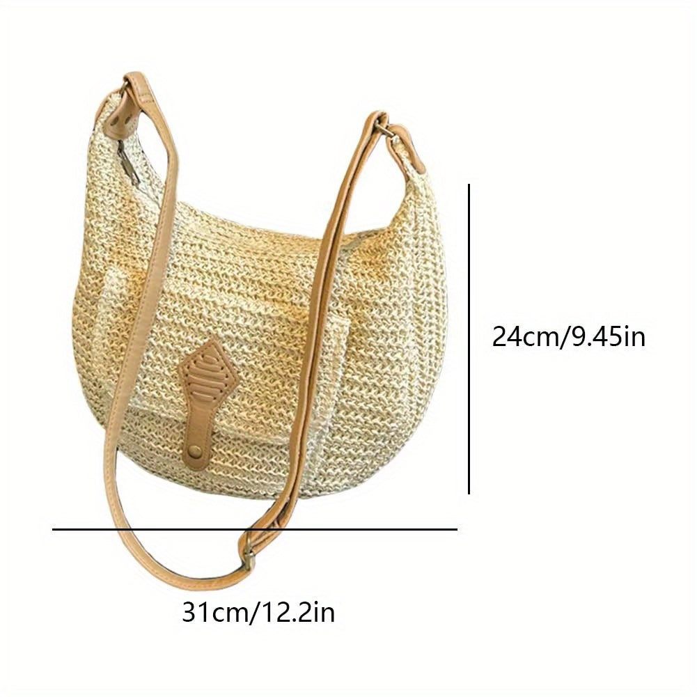 Summer Beach Woven Crossbody Bag Straw Weaving Shoulder Bag Raffia Zipper Handbag Boho Rattan Hand-Woven Travel Satchel Bag