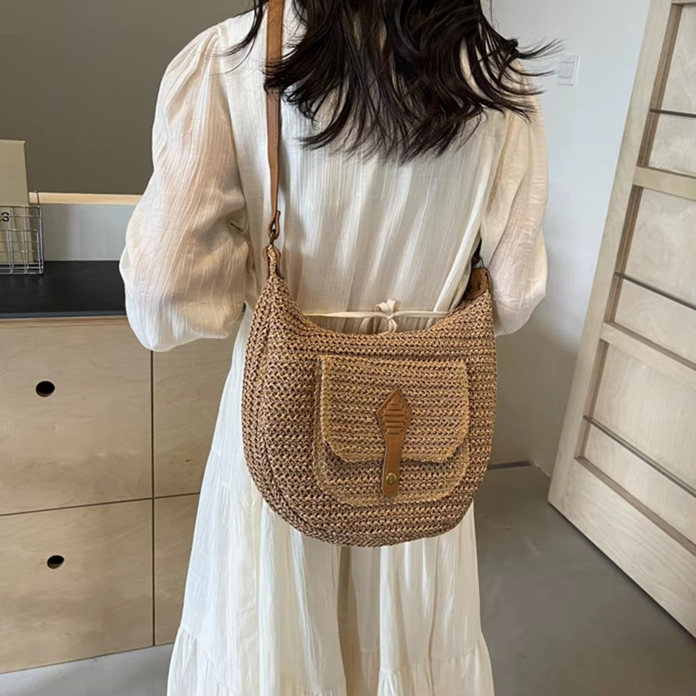 Summer Beach Woven Crossbody Bag Straw Weaving Shoulder Bag Raffia Zipper Handbag Boho Rattan Hand-Woven Travel Satchel Bag