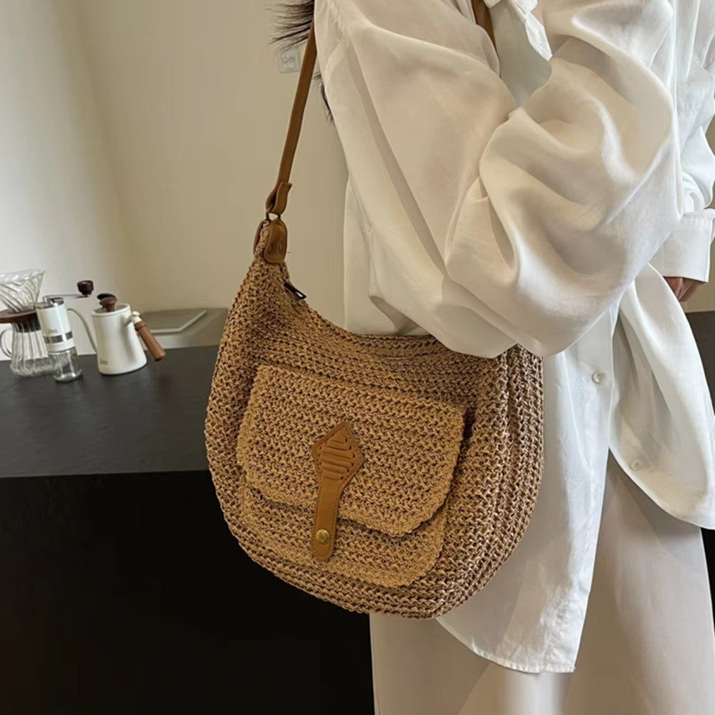 Summer Beach Woven Crossbody Bag Straw Weaving Shoulder Bag Raffia Zipper Handbag Boho Rattan Hand-Woven Travel Satchel Bag