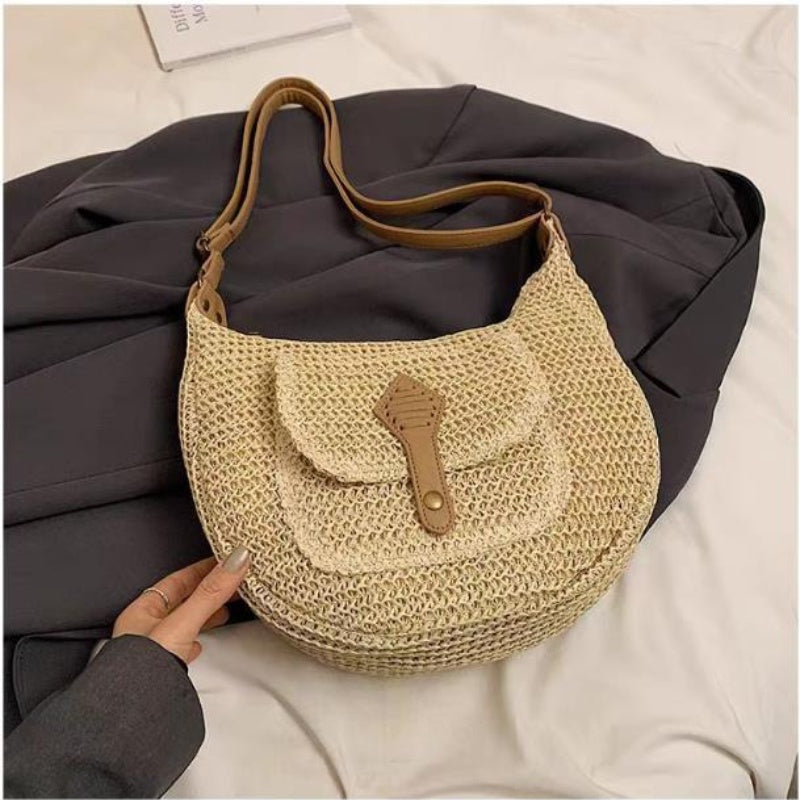 Summer Beach Woven Crossbody Bag Straw Weaving Shoulder Bag Raffia Zipper Handbag Boho Rattan Hand-Woven Travel Satchel Bag