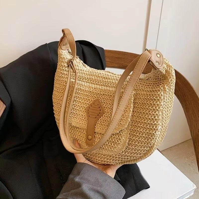 Summer Beach Woven Crossbody Bag Straw Weaving Shoulder Bag Raffia Zipper Handbag Boho Rattan Hand-Woven Travel Satchel Bag