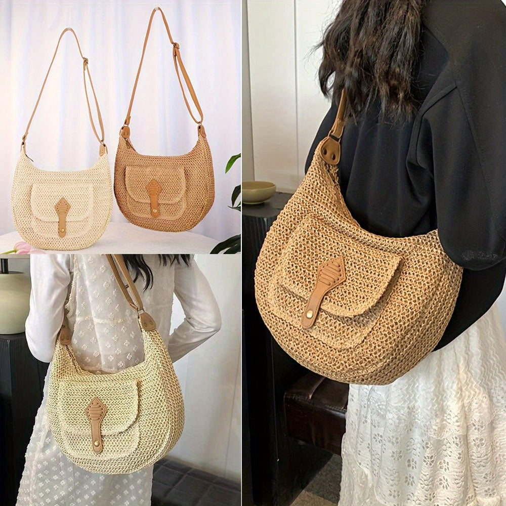 1pc Hand-Woven Crossbody Bagfor Women, Fashionable Woven Bag Underarm Diagonal Straw Bag