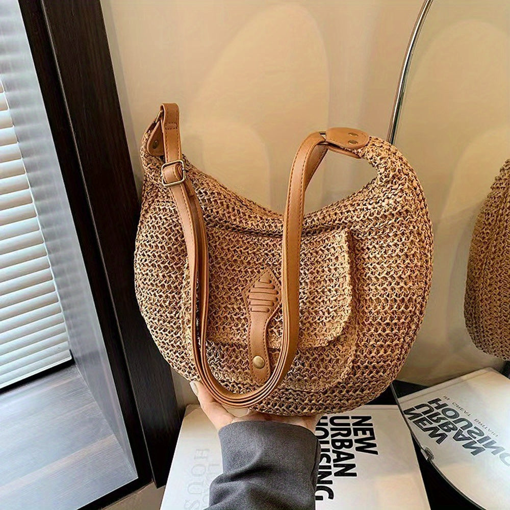 1pc Hand-Woven Crossbody Bagfor Women, Fashionable Woven Bag Underarm Diagonal Straw Bag