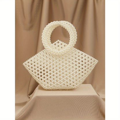 Handmade Acrylic Beaded Vegetable Basket Cut-Out Tote Bag for Women - Red Open-Top Hexagonal Design, Lightweight Durable Fashion Bag for Banquets, Parties & Casual Outings, Party Accessory, Intricate Beadwork