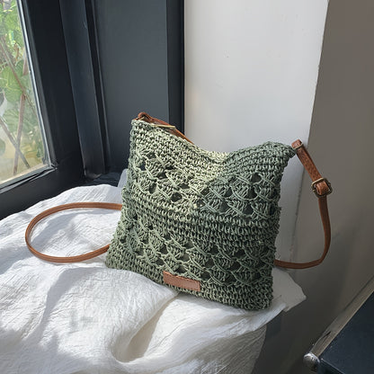 Fashionable Handmade Paper Grass Rope Crossbody Bag - Monochrome, Zipper Closure, Polyester Filling, Accessory Messenger Bag, Suitable for Summer Beaches And Urban Activities