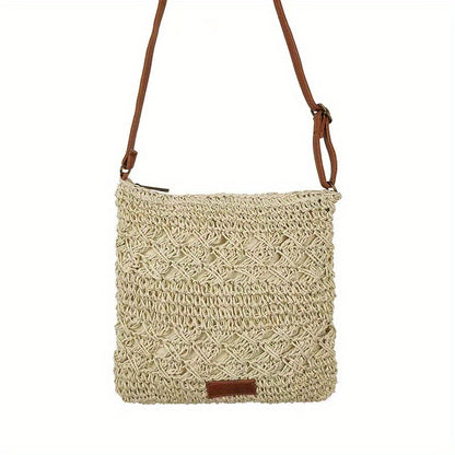 Fashionable Handmade Paper Grass Rope Crossbody Bag - Monochrome, Zipper Closure, Polyester Filling, Accessory Messenger Bag, Suitable for Summer Beaches And Urban Activities