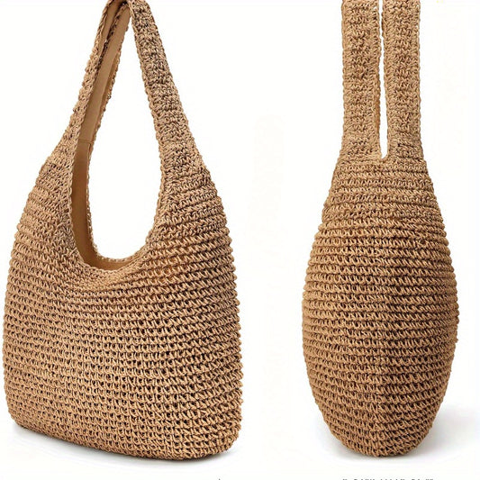 Hand-Woven Boho Straw Tote Bag for Women - Large Open-Top Beach Bag with Sturdy Handles, Natural Beige & Khaki, Durable Fabric for Summer Travel, Picnics, Casual Outings, Picnic Accessory | Bohemian Style | Spacious Interior