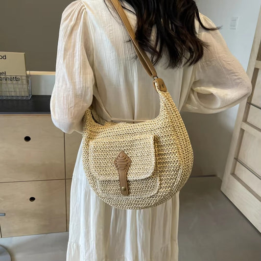 Summer Beach Woven Crossbody Bag Straw Weaving Shoulder Bag Raffia Zipper Handbag Boho Rattan Hand-Woven Travel Satchel Bag