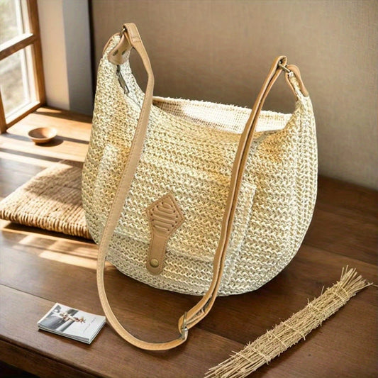 Summer Beach Woven Crossbody Bag Straw Weaving Shoulder Bag Raffia Zipper Handbag Boho Rattan Hand-Woven Travel Satchel Bag