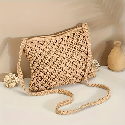 Handmade Bohemian Woven Rope Handbag - Summer Beach Clutch With Geometric Design And Tassel Details, Lightweight And Fashionable, Suitable For Beach Vacations And Seaside Trips.
