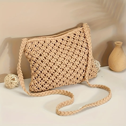 Handmade Bohemian Woven Rope Handbag - Summer Beach Clutch With Geometric Design And Tassel Details, Lightweight And Fashionable, Suitable For Beach Vacations And Seaside Trips.