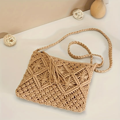 Handmade Bohemian Woven Rope Handbag - Summer Beach Clutch With Geometric Design And Tassel Details, Lightweight And Fashionable, Suitable For Beach Vacations And Seaside Trips.