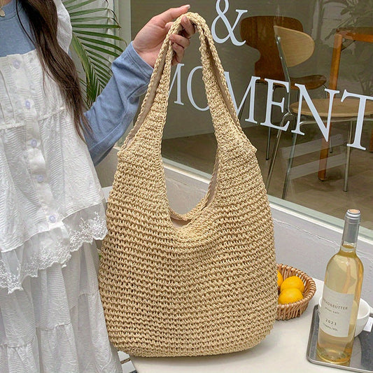 Hand-Woven Boho Straw Tote Bag for Women - Large Open-Top Beach Bag with Sturdy Handles, Natural Beige & Khaki, Durable Fabric for Summer Travel, Picnics, Casual Outings, Picnic Accessory | Bohemian Style | Spacious Interior