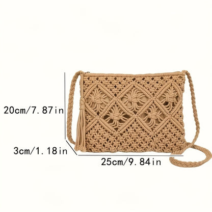 Handmade Bohemian Woven Rope Handbag - Summer Beach Clutch With Geometric Design And Tassel Details, Lightweight And Fashionable, Suitable For Beach Vacations And Seaside Trips.