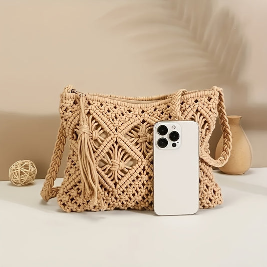 Handmade Bohemian Woven Rope Handbag - Summer Beach Clutch With Geometric Design And Tassel Details, Lightweight And Fashionable, Suitable For Beach Vacations And Seaside Trips.