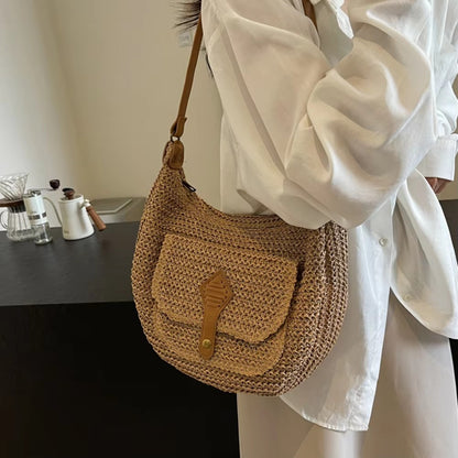 Summer Beach Woven Crossbody Bag Straw Weaving Shoulder Bag Raffia Zipper Handbag Boho Rattan Hand-Woven Travel Satchel Bag