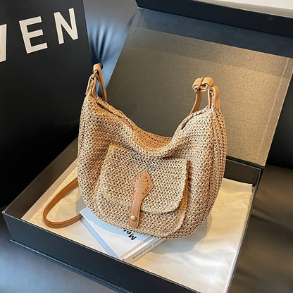 1pc Hand-Woven Crossbody Bagfor Women, Fashionable Woven Bag Underarm Diagonal Straw Bag
