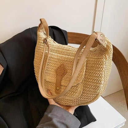 Summer Beach Woven Crossbody Bag Straw Weaving Shoulder Bag Raffia Zipper Handbag Boho Rattan Hand-Woven Travel Satchel Bag
