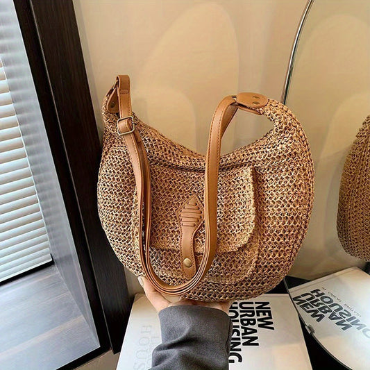 1pc Hand-Woven Crossbody Bagfor Women, Fashionable Woven Bag Underarm Diagonal Straw Bag