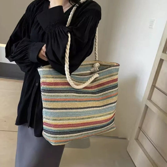 1pc Rattan Straw Fabric Woven Women's Tote Bag, Rainbow Color, Large Beach Summer Bag, Nylon Material, Zipper Closure, White, Handmade Design, Perfect for Casual Outings