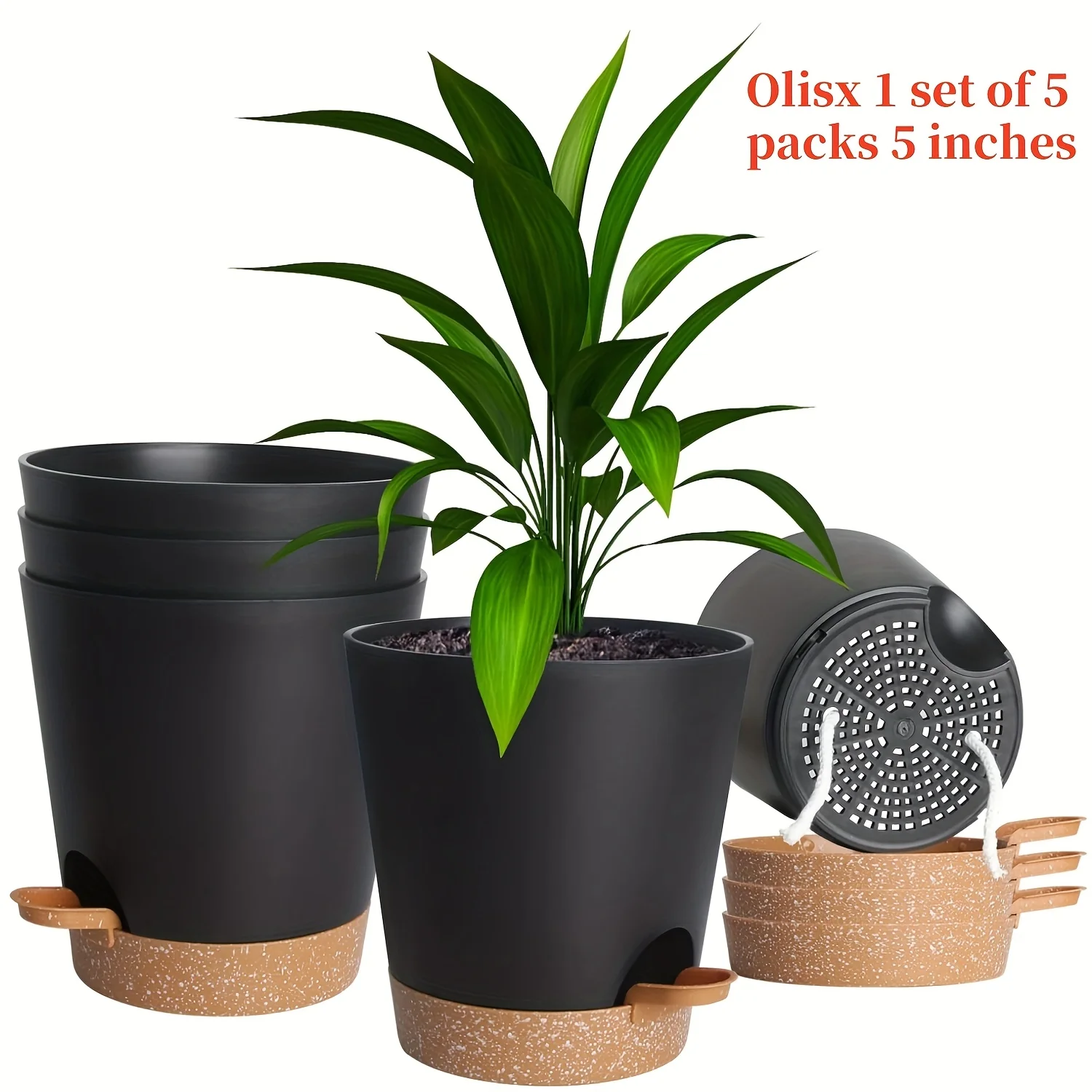 Automatic | Watering Olisx-H1405-5 Set of 5 Automatic Watering Flower Pots | Modern African Violet Pots with Drainage Holes And Trays | Suitable for Home Gardens, 5 Inches (Approximately 12.7 Cm)